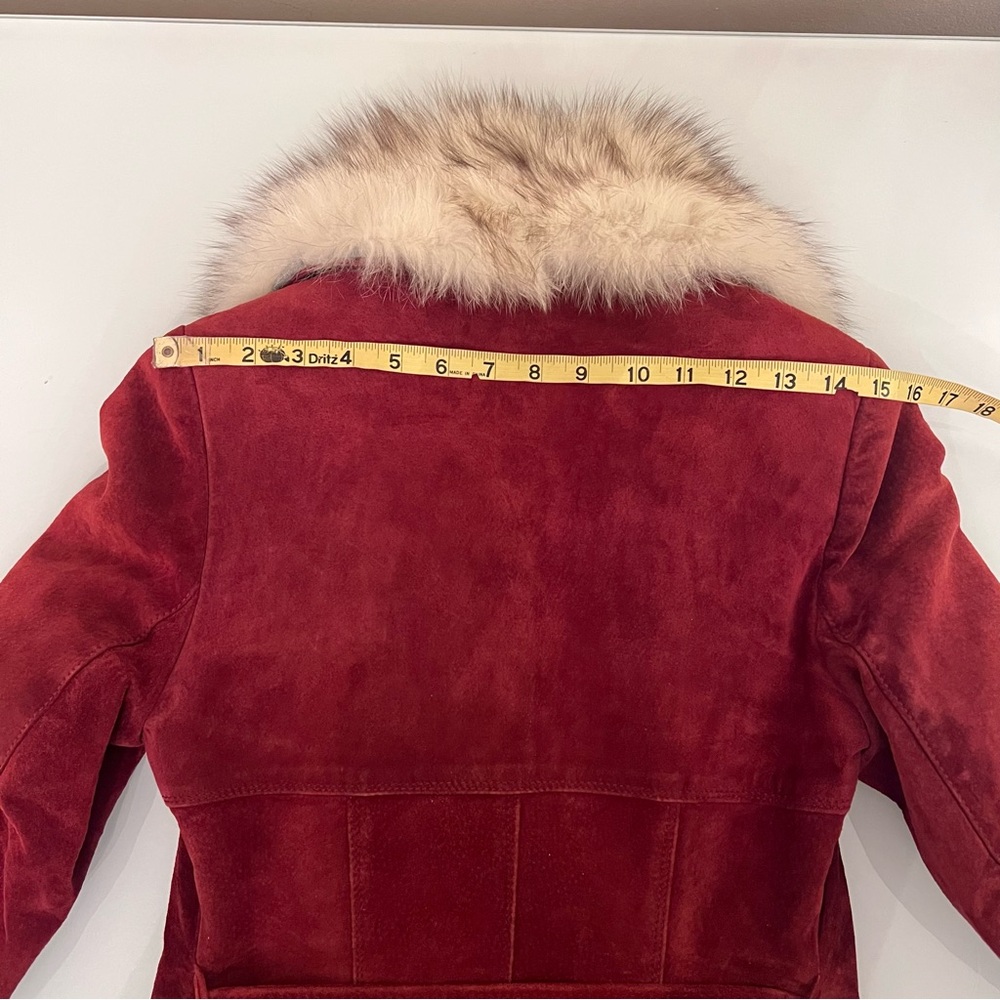 SIMPSONS Penny Lane Genuine Suede Leather Coat Real Fur Collar Belted Long Coat - Picture 11 of 16